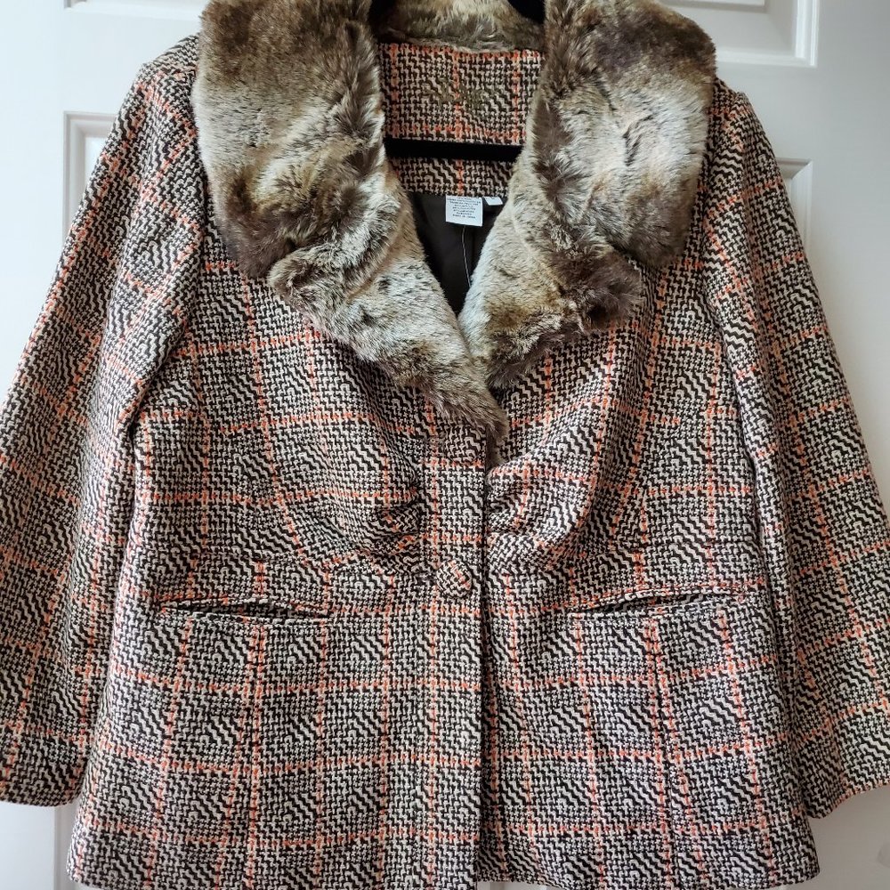 Vintage Brown And Rust Plaid Chinchilla Collar Jacket